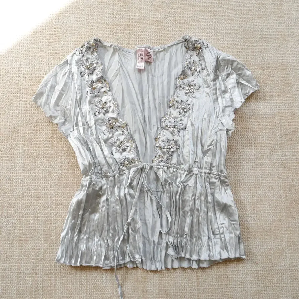 Y2k vintage crinkle top tie front beaded fairy-core M - Picture 7 of 10